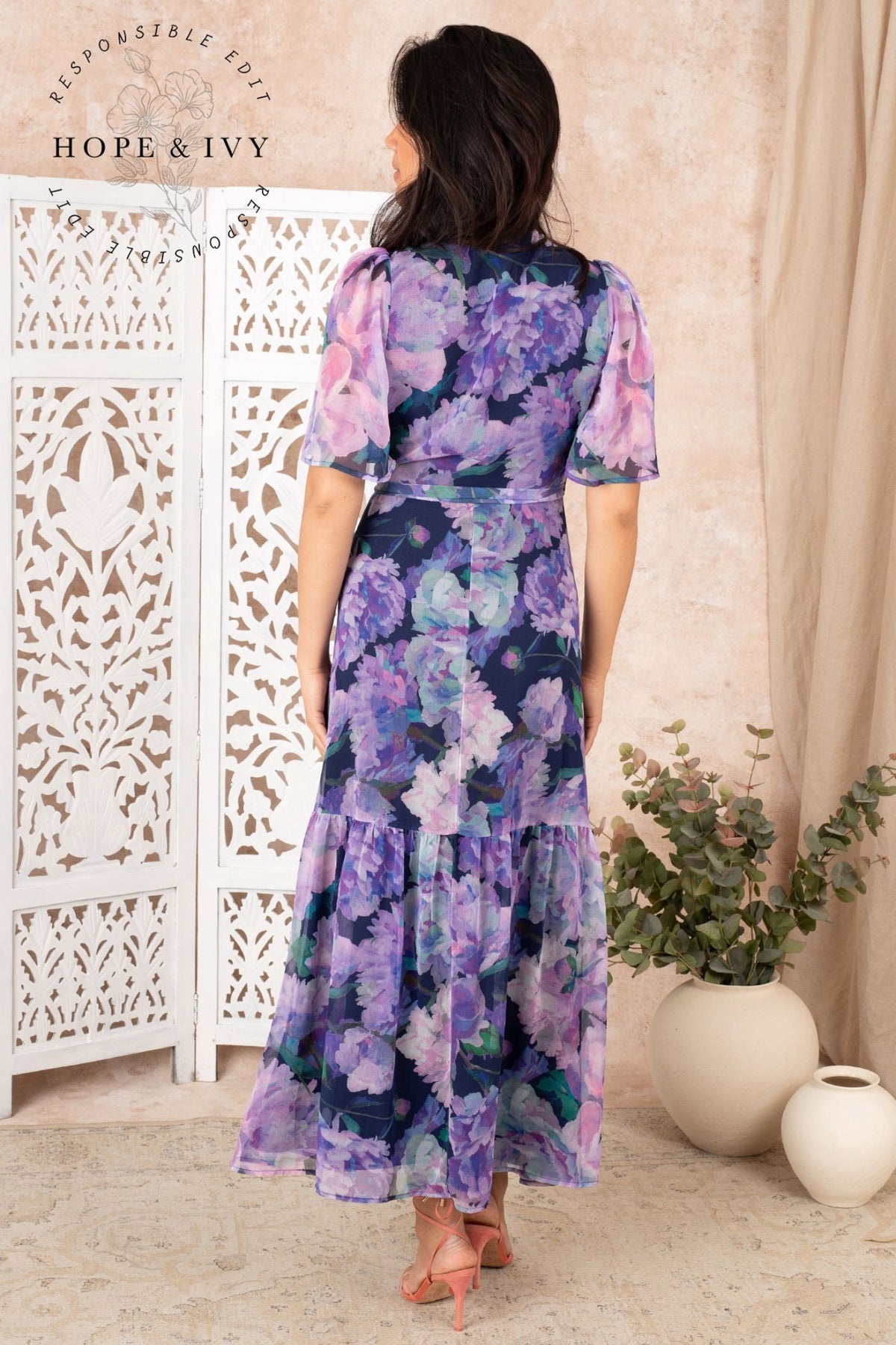 hope and ivy purple dress Hope & Ivy The Adele Purple Lilac Floral Print Maxi Wrap Dress Experience Boutique
