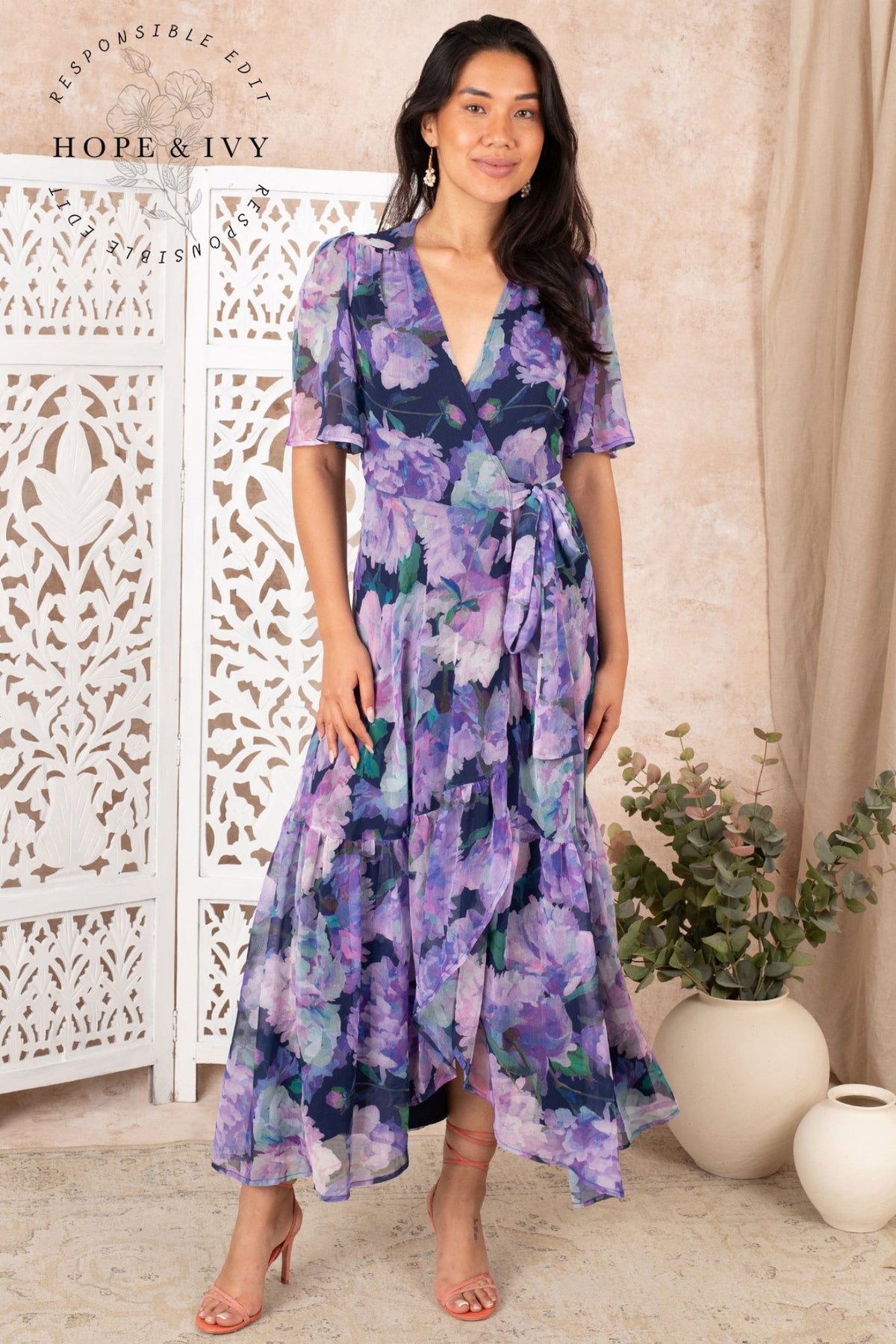 hope and ivy purple dress Hope & Ivy Hartley Plunge Front Embellished Maxi Dress with Flutter Sleeves in Purple