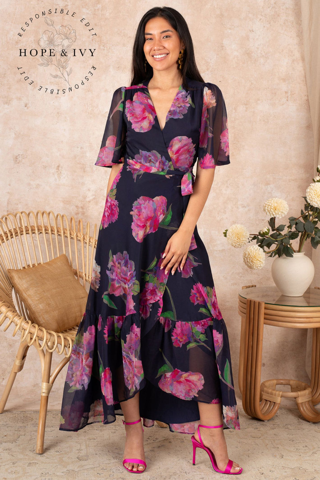 navy blue maxi dress with pink flowers Ralph Lauren Navy Zipper Beaded Lined Darted Tiered Ruffled Floral Maxi Dress 10