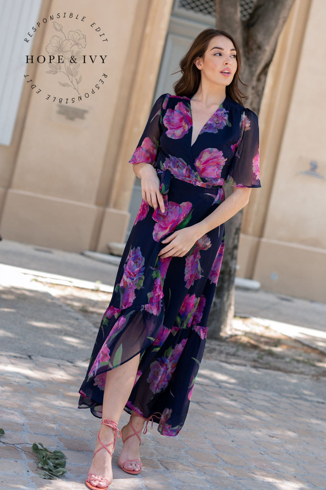 hope and ivy purple dress Hope & Ivy flutter sleeve maxi wrap dress with tie waist in purple multi