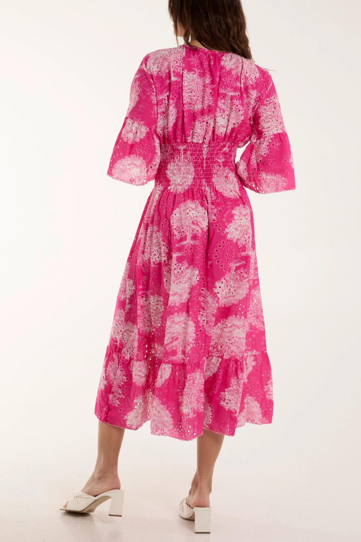 Hot Pink Broderie Anglaise V-Neck Midi Dress