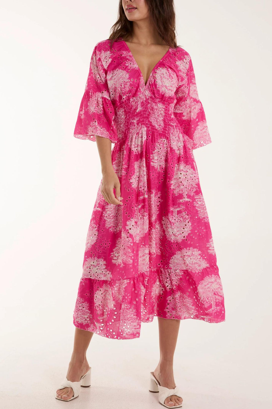 Hot Pink Broderie Anglaise V-Neck Midi Dress