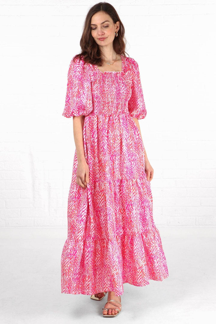 Hot Pink Chevron Print Tiered Maxi Dress
