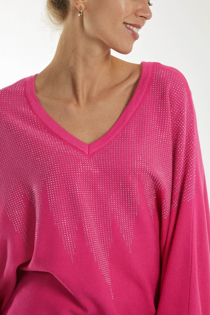 Hot Pink Fading Diamante V-neck Batwing Jumper