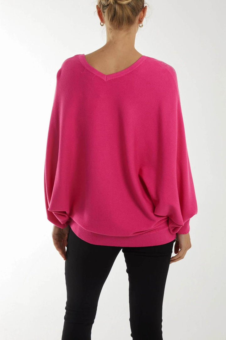 Hot Pink Fading Diamante V-neck Batwing Jumper