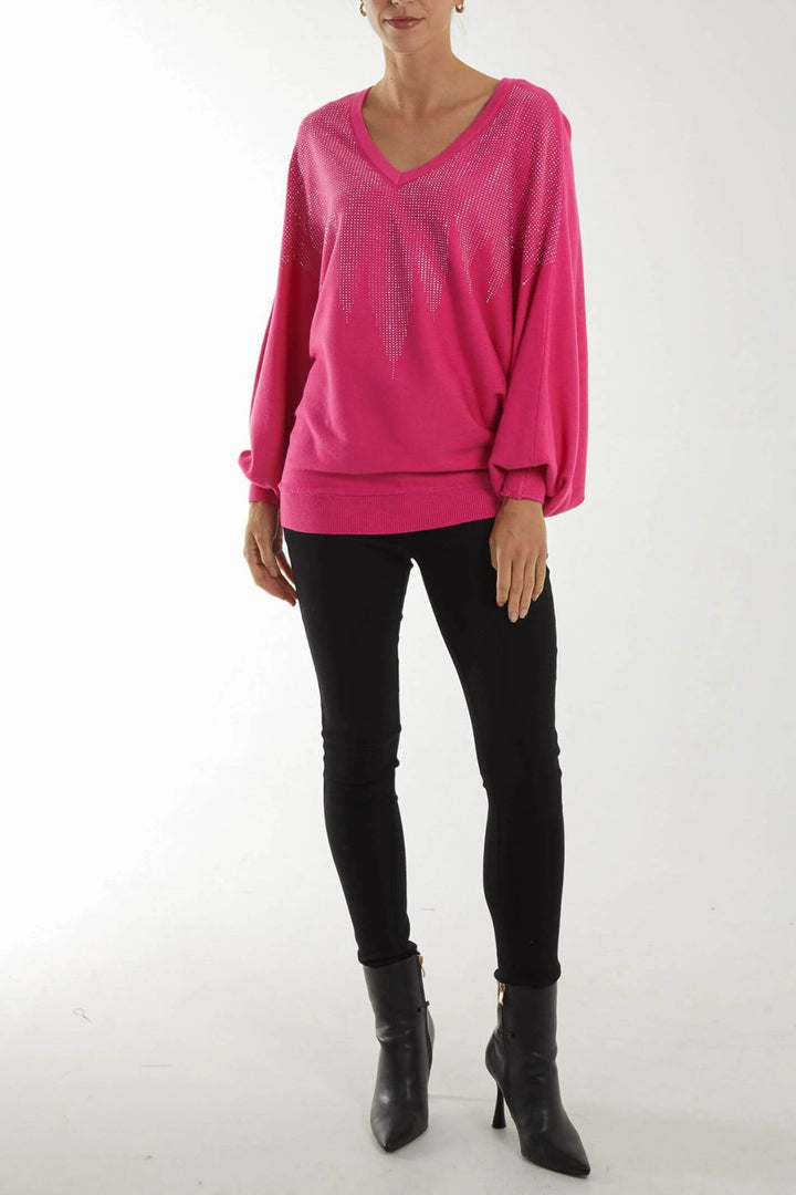 Hot Pink Fading Diamante V-neck Batwing Jumper