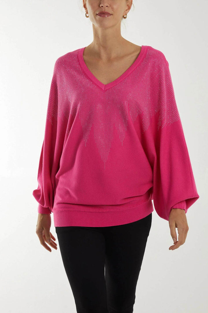 Hot Pink Fading Diamante V-neck Batwing Jumper