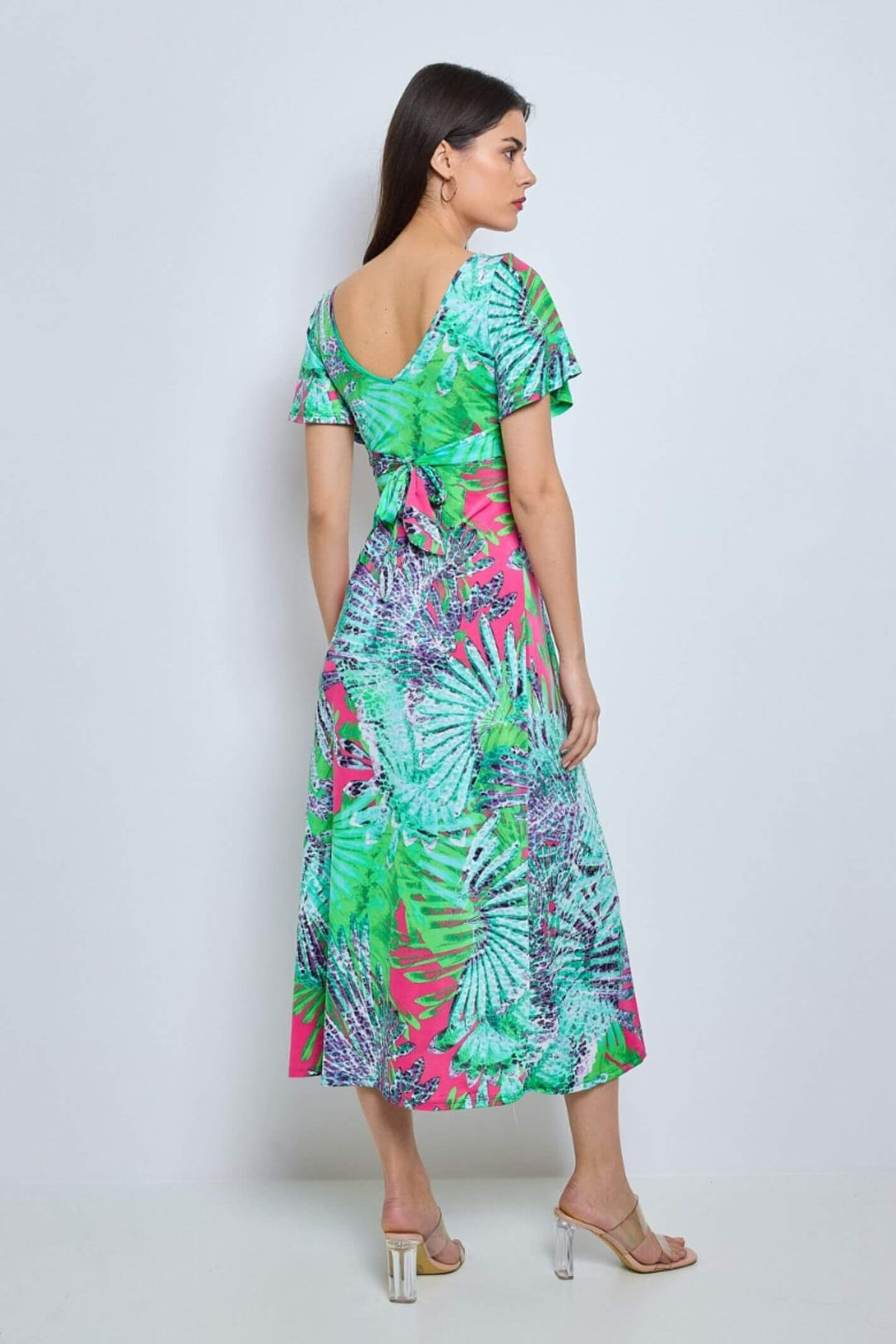 Hot Pink Leaves Print V-Neck Midi Dress