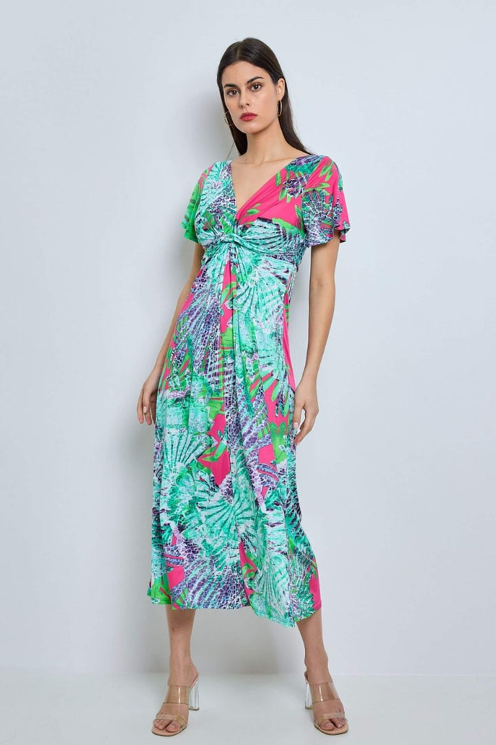 Hot Pink Leaves Print V-Neck Midi Dress