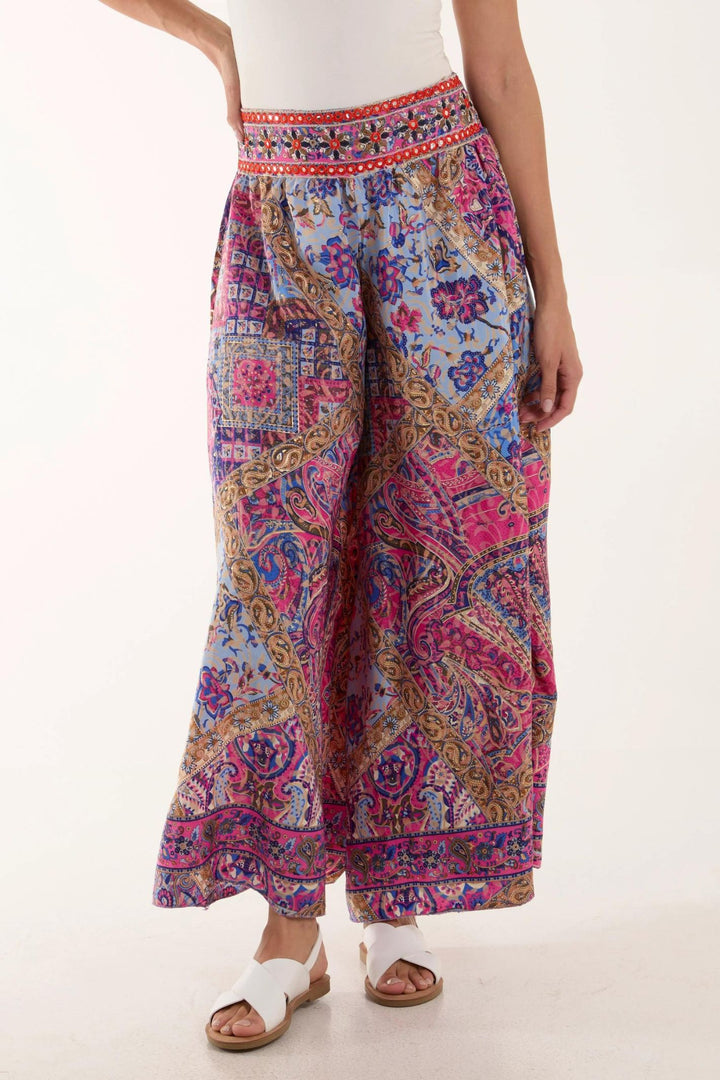 Hot Pink Mosaic Art Print Wide Leg Pull-On Trousers