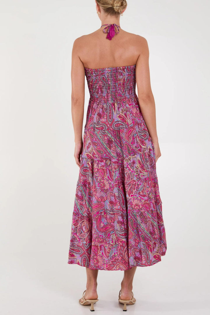 Hot Pink Paisley Print Silky Bandeau Midi Dress