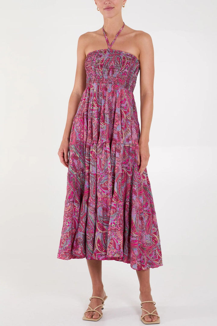Hot Pink Paisley Print Silky Bandeau Midi Dress