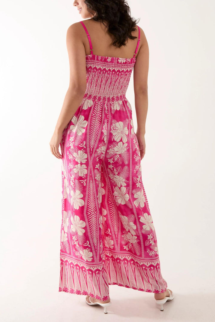 Hot Pink Tropical Print Shirred Top Jumpsuit