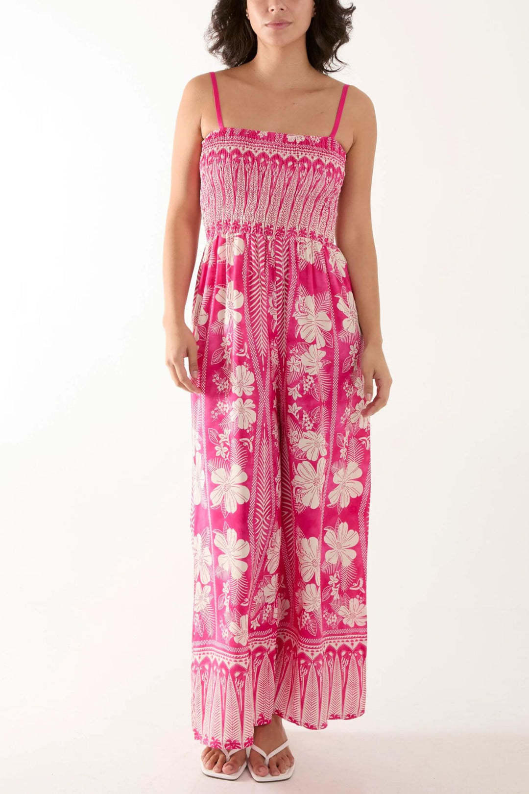 Hot Pink Tropical Print Shirred Top Jumpsuit