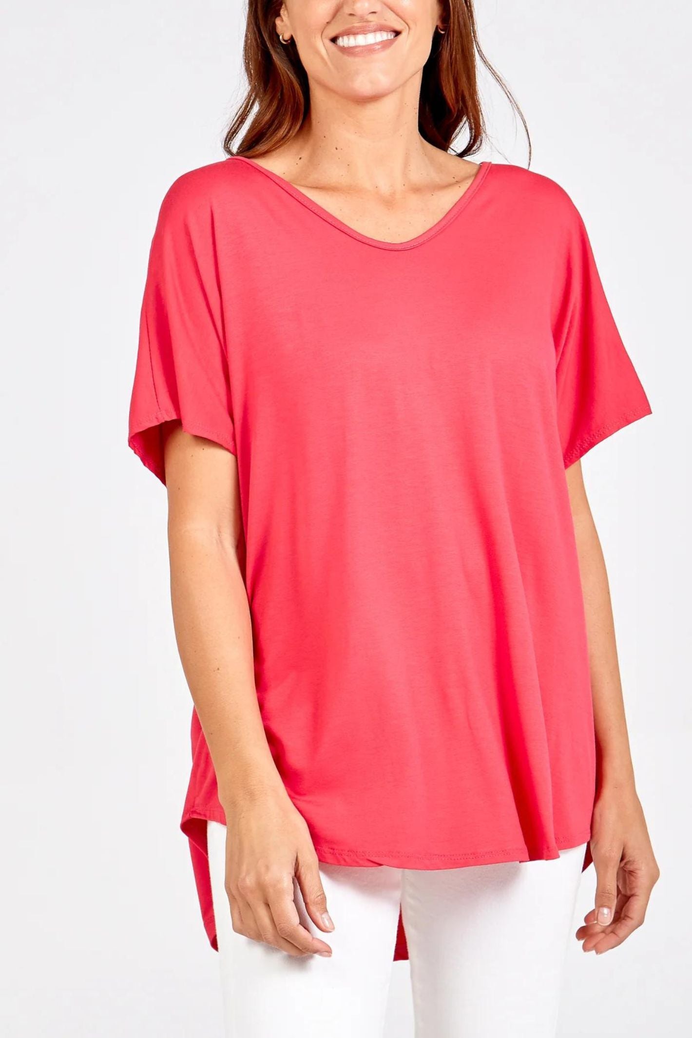 Grey Melange Pink Front Print V-neck Batwing Sleeve Oversize T-shirt 19023 main image 0