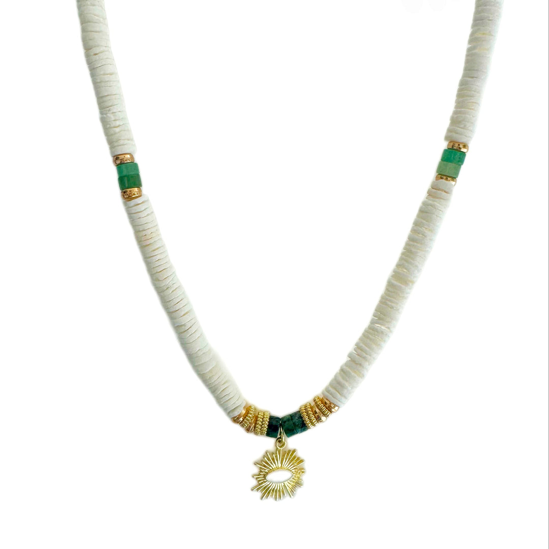 Solaana White Beaded Necklace with Gold Sun Charm