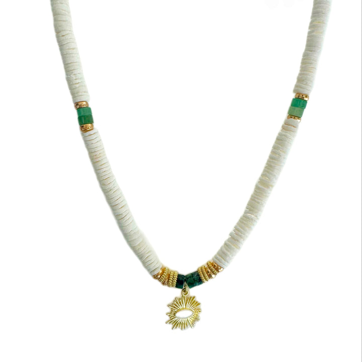 Solaana White Beaded Necklace with Gold Sun Charm