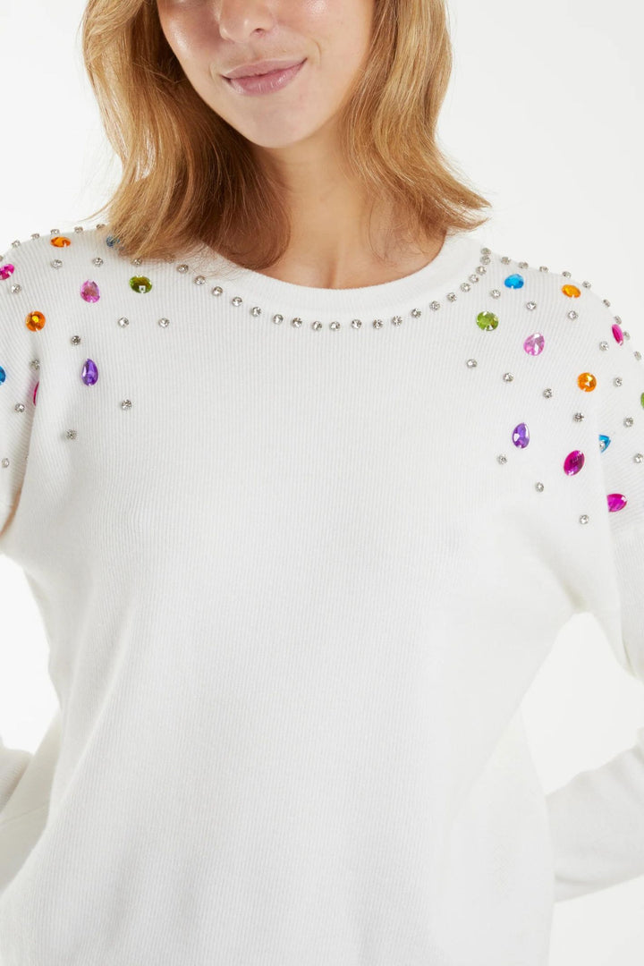 Ivory Gem Embellished Shoulder Knitted Jumper