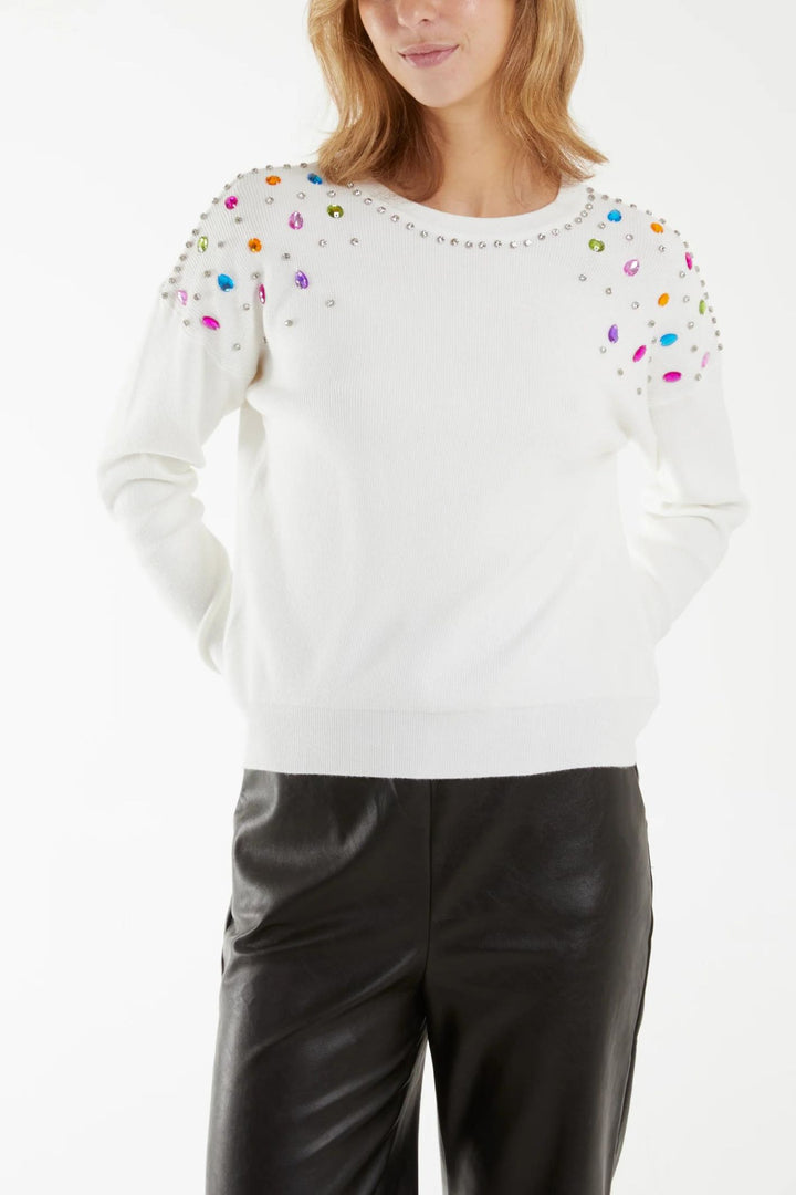 Ivory Gem Embellished Shoulder Knitted Jumper