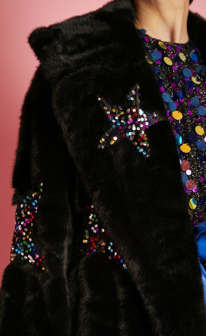 Jayley Black Sequin Star Eco Bamboo Faux Fur Coat