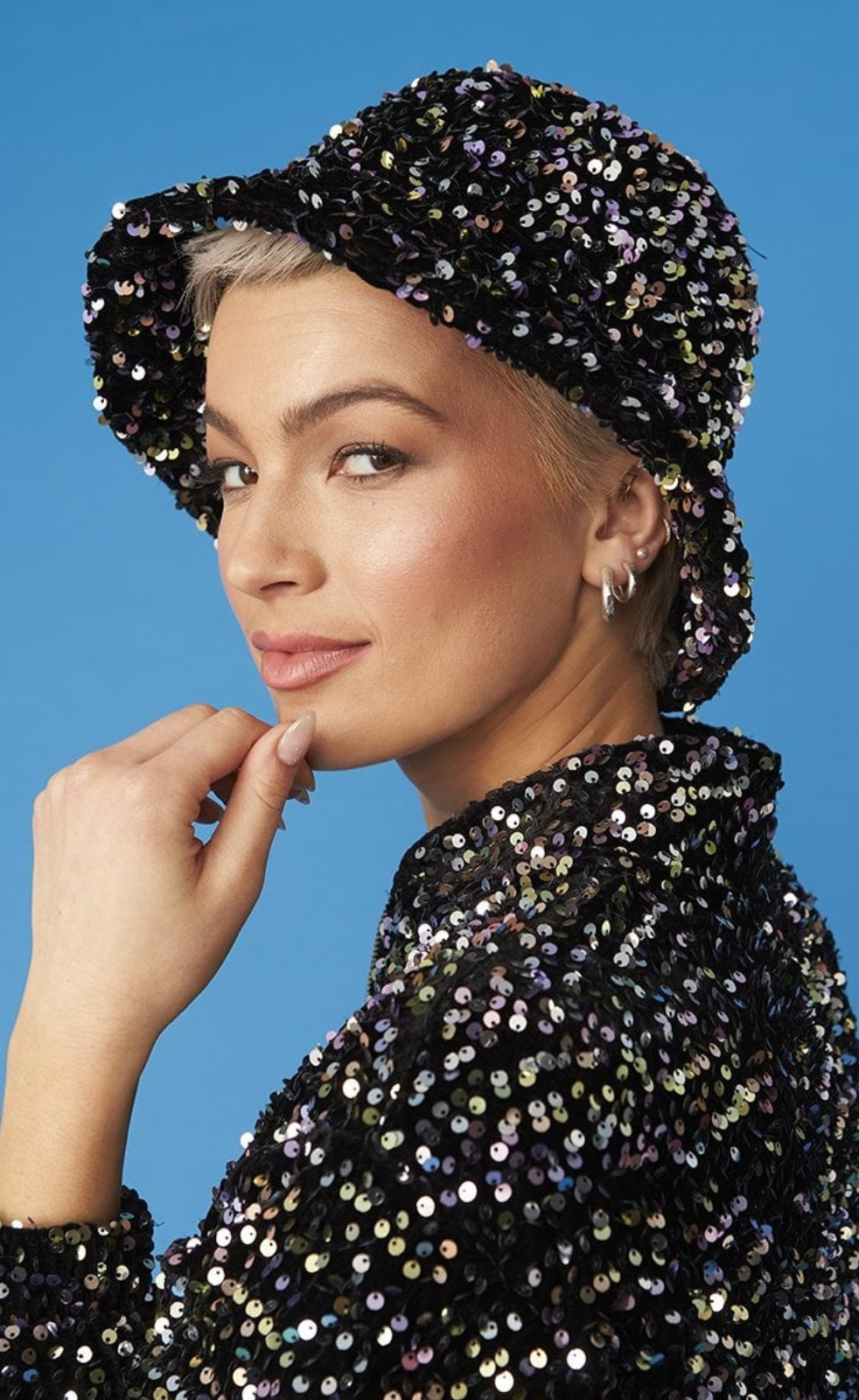 Jayley Black Velvet Sequin Bucket Hat
