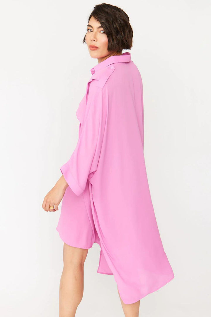 Jayley Bubblegum Pink Oversized Silk Blend Shirt Dress