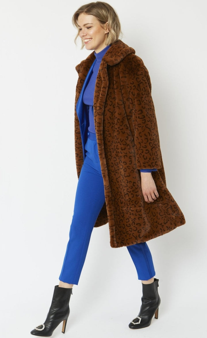 Jayley Caramel Leopard Print Faux Fur Longline Coat