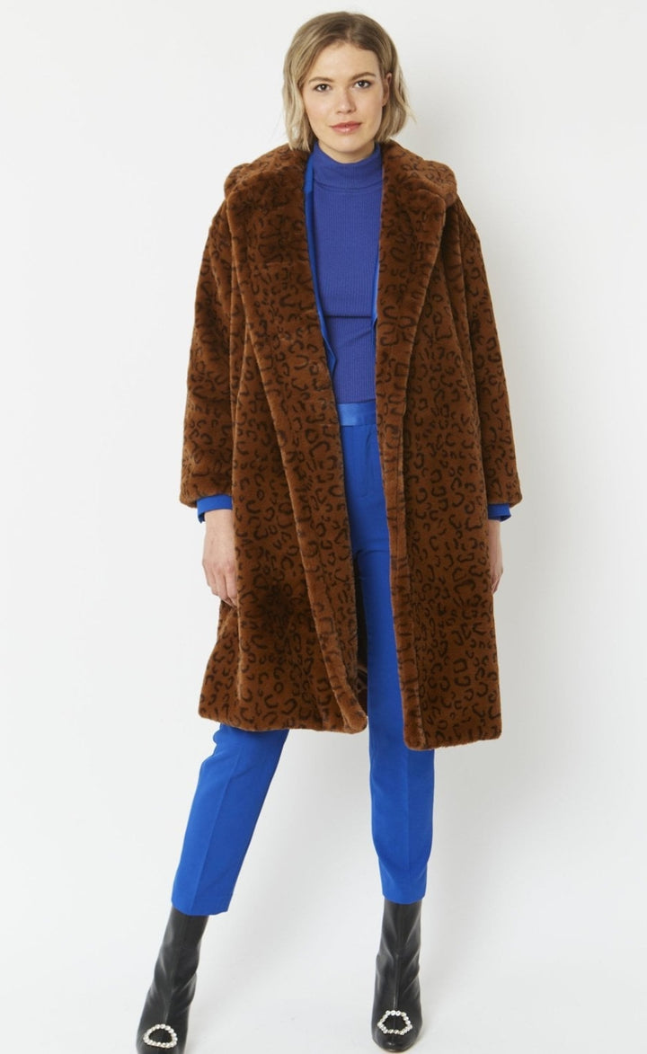 Jayley Caramel Leopard Print Faux Fur Longline Coat