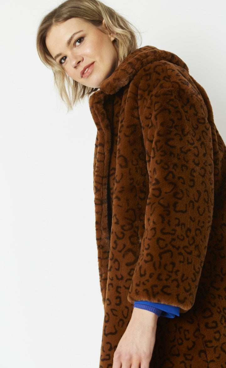 Jayley Caramel Leopard Print Faux Fur Longline Coat
