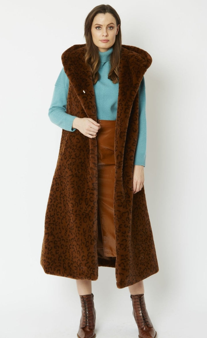 Jayley Caramel Leopard Print Faux Fur Longline Gilet