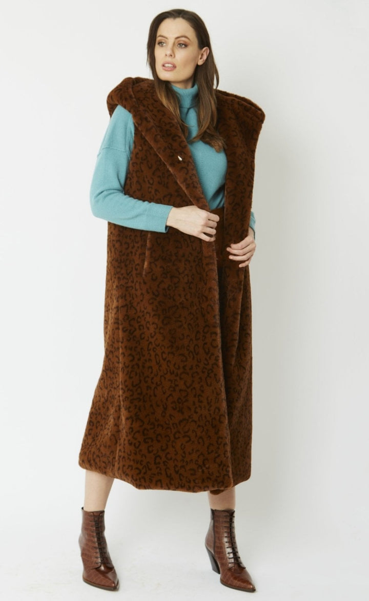 Jayley Caramel Leopard Print Faux Fur Longline Gilet
