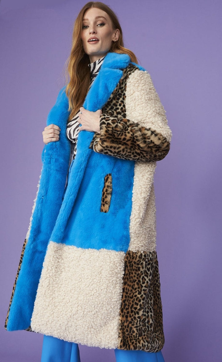 Jayley Checkered Leopard Print &amp; Shearling Faux Fur Coat