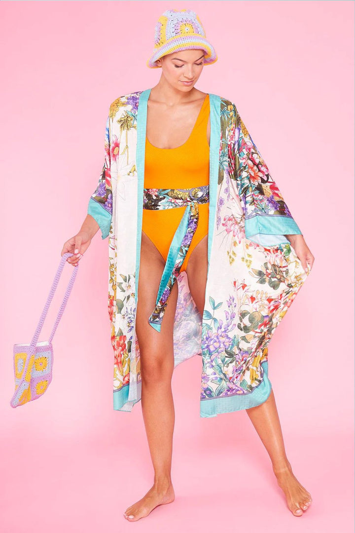 Jayley Longline Cream Floral Print Bamboo Blend Kimono