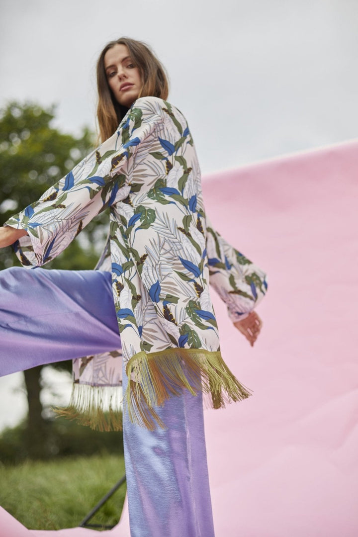 Jayley Palm Print Beaded Silk Blend Kimono