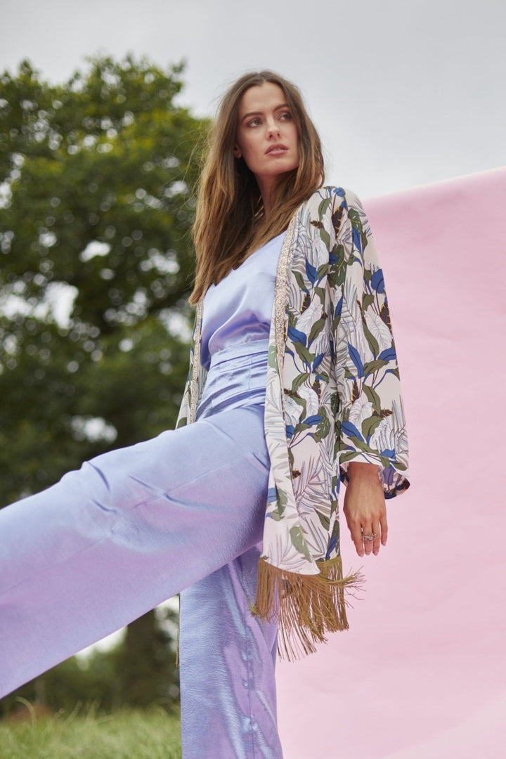 Jayley Palm Print Beaded Silk Blend Kimono