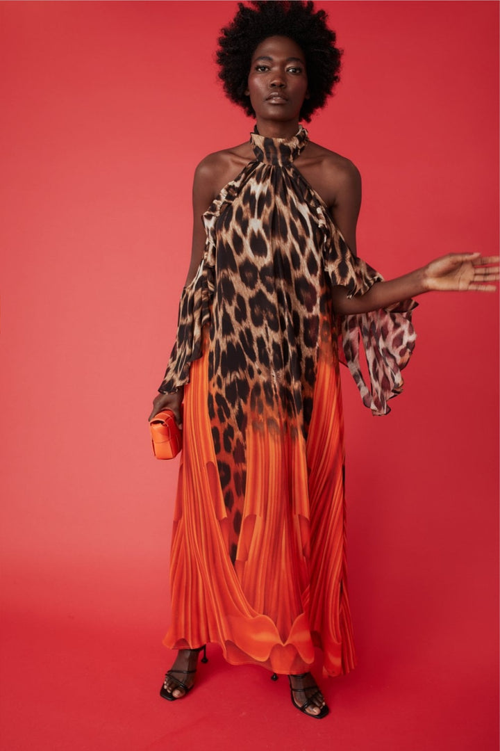 Jayley Papaya & Leopard Print Chiffon Dress