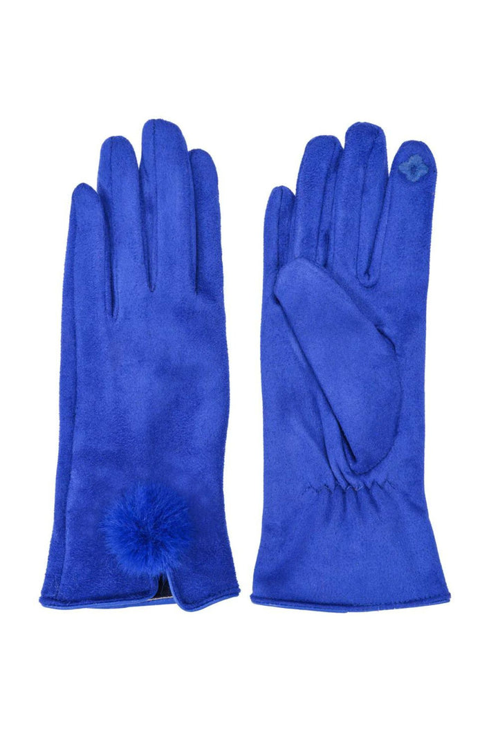 Jayley Royal Blue Faux Suede Gloves With Faux Fur Pom Pom