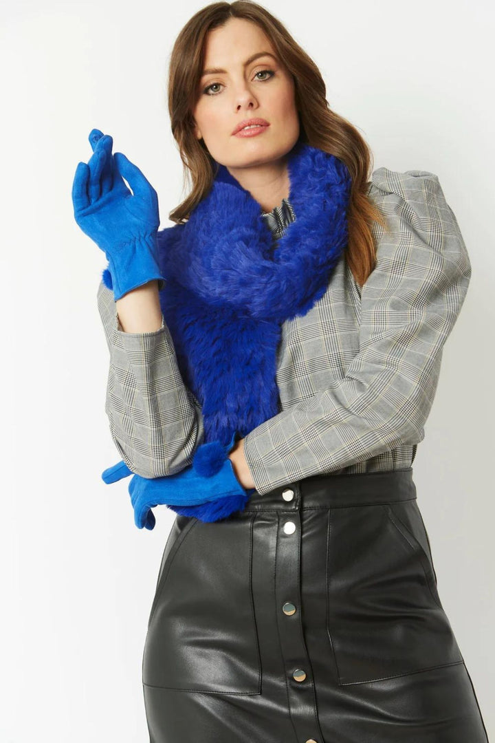 Jayley Royal Blue Faux Suede Gloves With Faux Fur Pom Pom