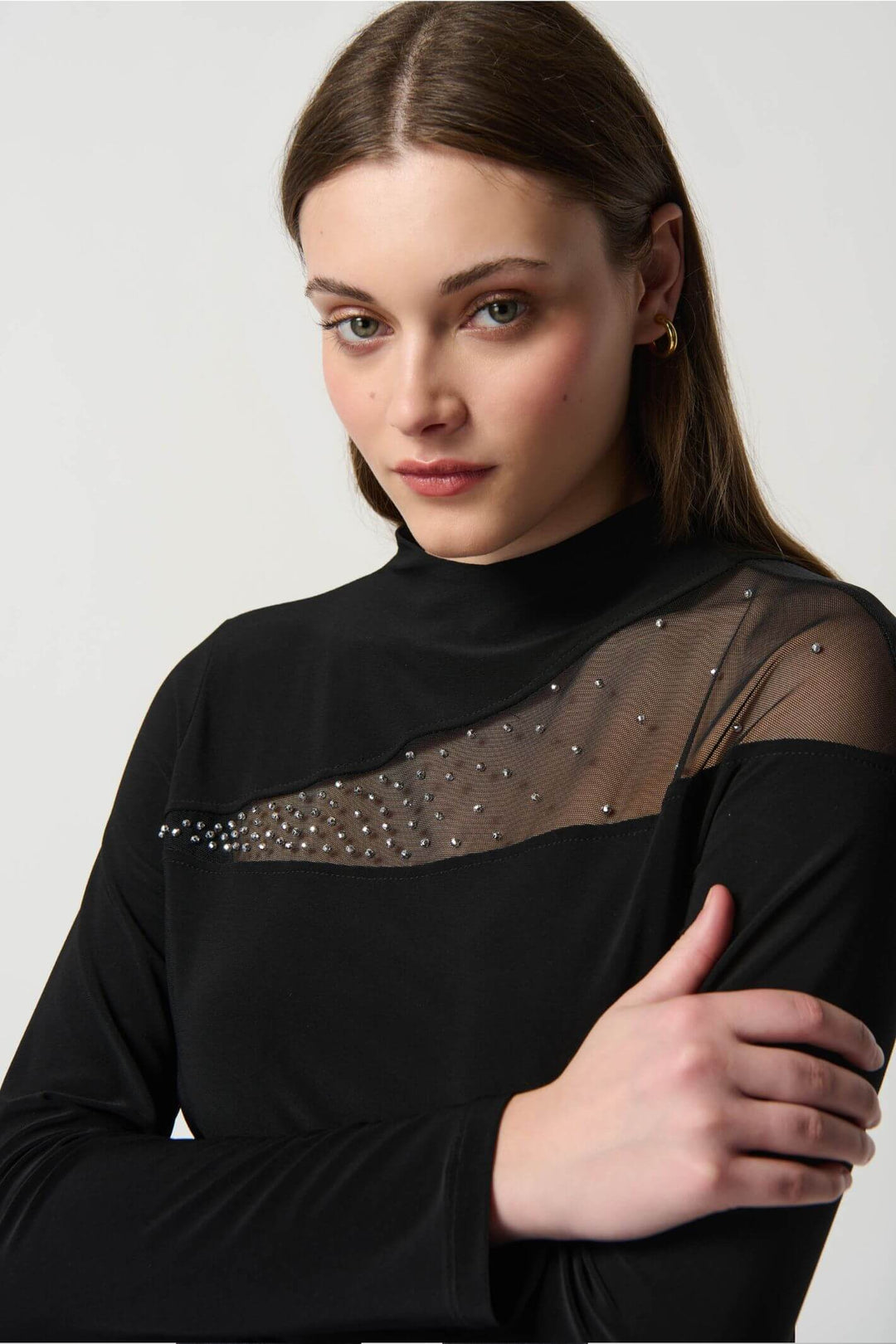 Joseph Ribkoff 234250 Black Mesh Insert Embellished Top