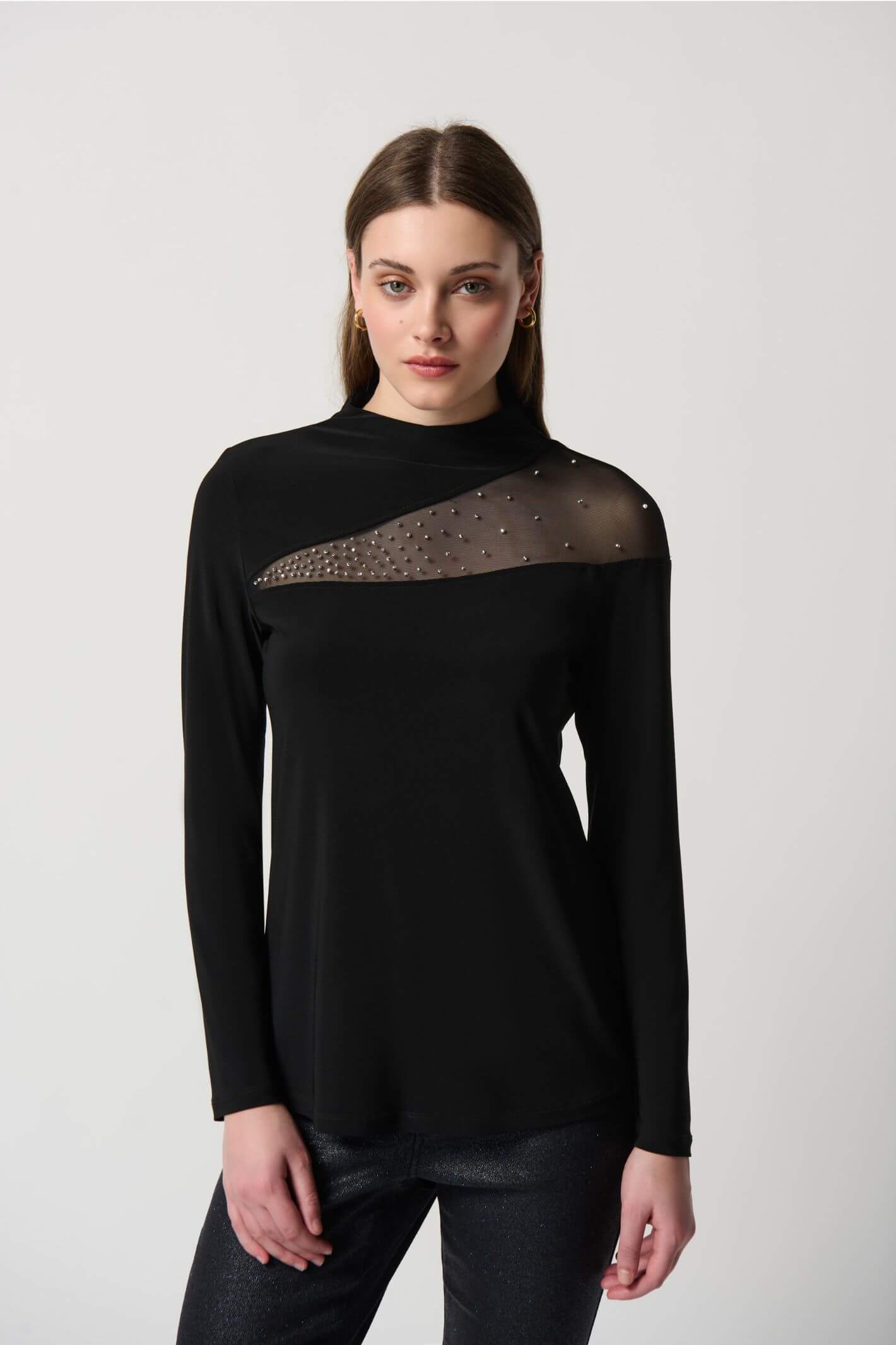 Joseph Ribkoff 234250 Black Mesh Insert Embellished Top Experience