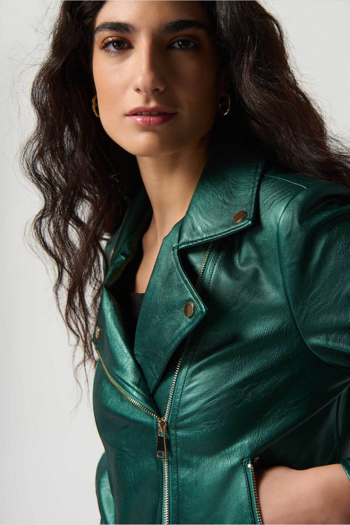 Joseph Ribkoff 234902 Metallic Green Faux Leather Biker Jacket