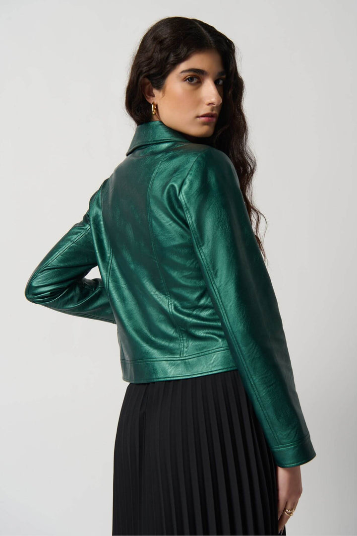 Joseph Ribkoff 234902 Metallic Green Faux Leather Biker Jacket