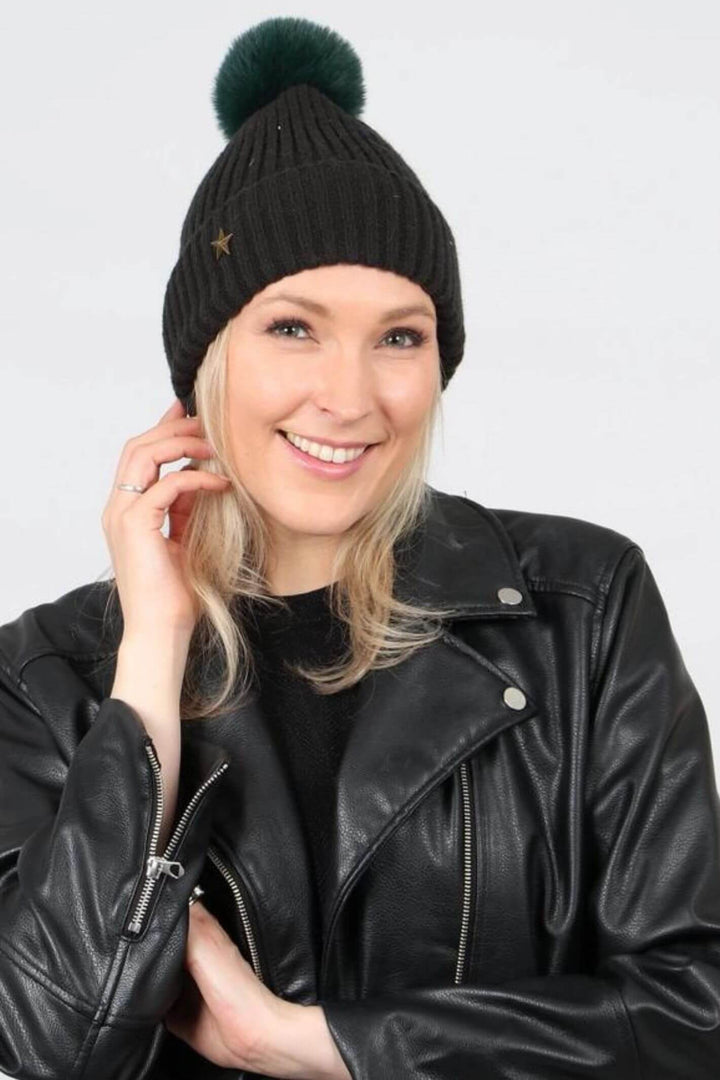 Khaki Metal Star Pom Pom Hat with Antique Gold Star