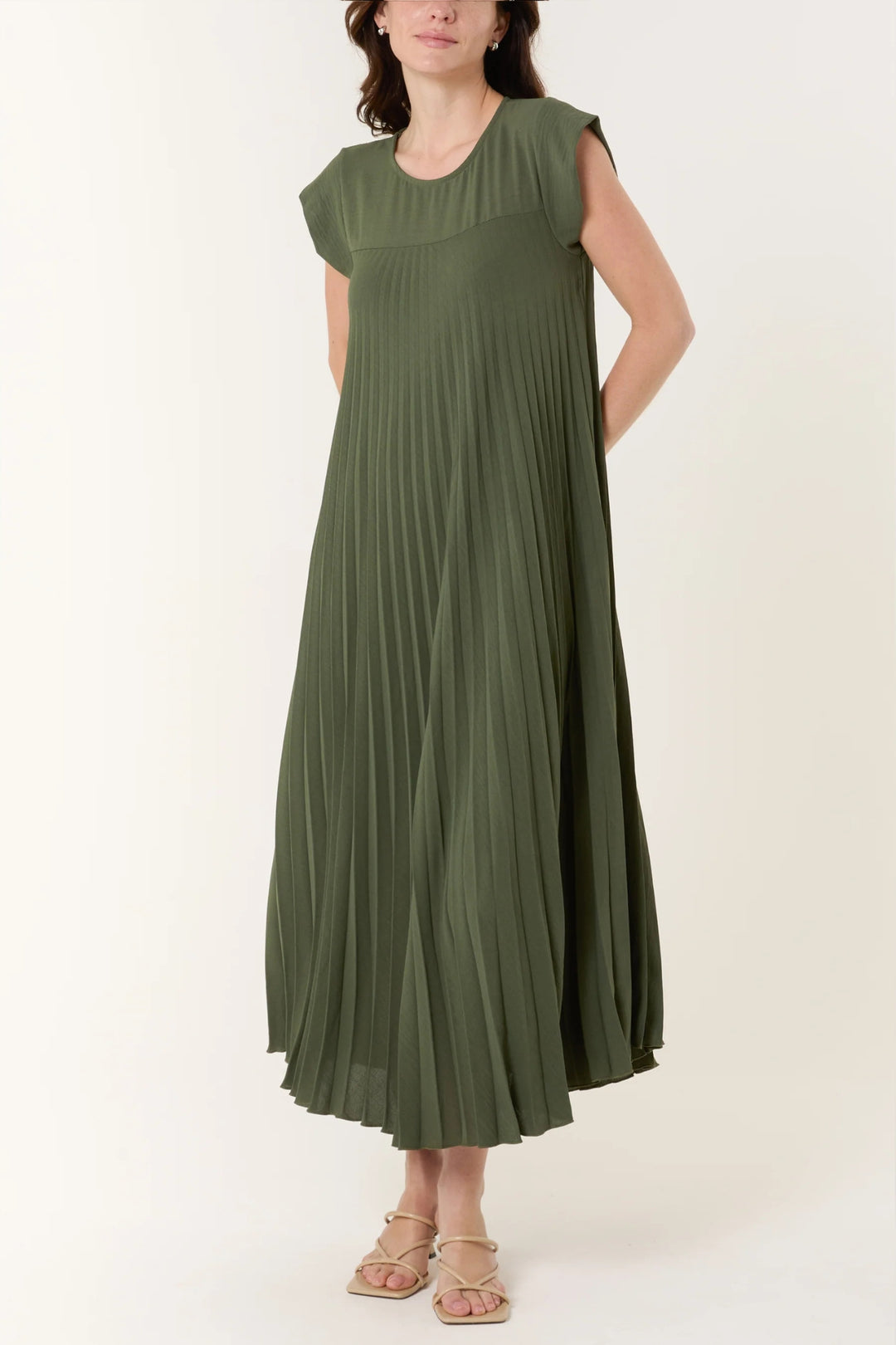 Khaki Green Pleated Maxi Dress