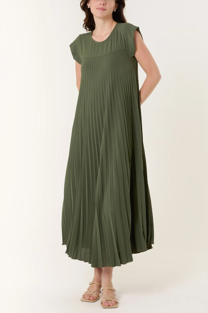 Khaki Green Pleated Maxi Dress