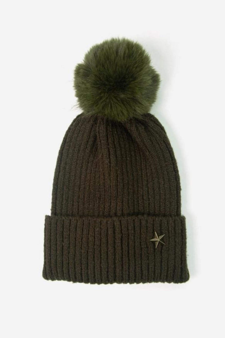 Khaki Metal Star Pom Pom Hat with Antique Gold Star