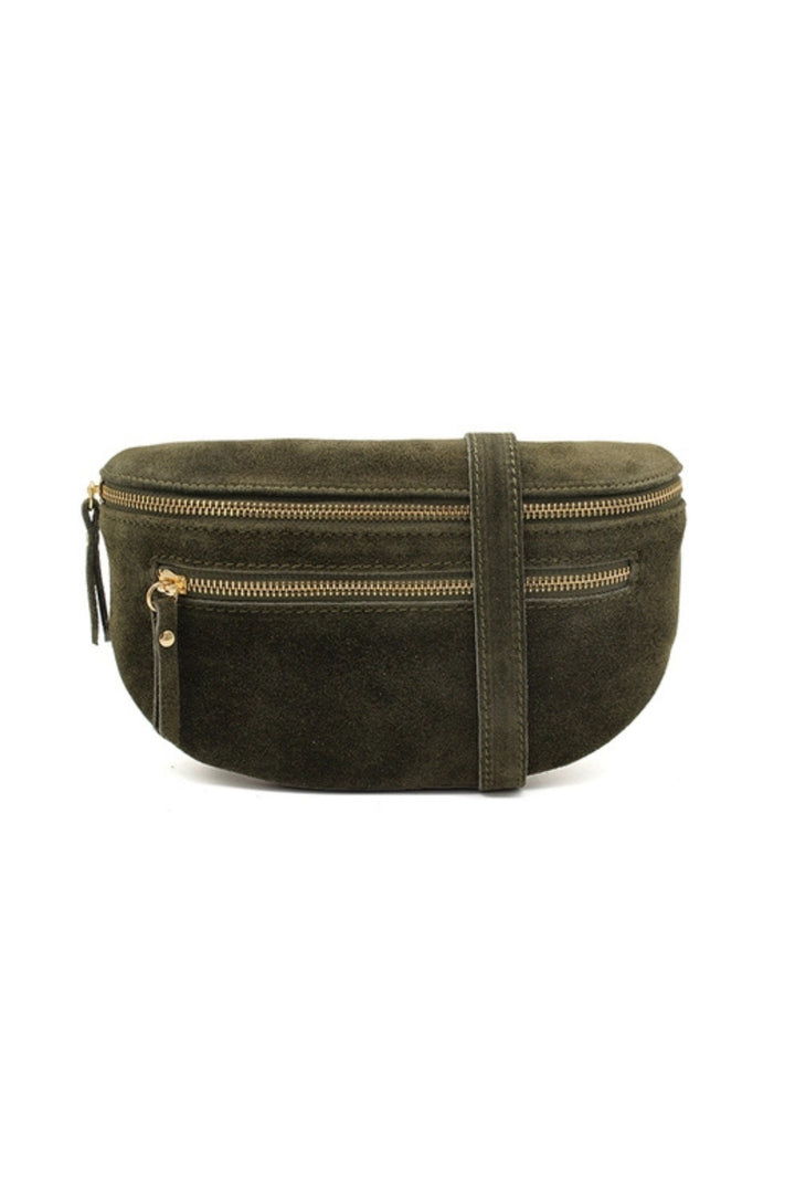 Khaki Suede Half Moon Crossbody Bag