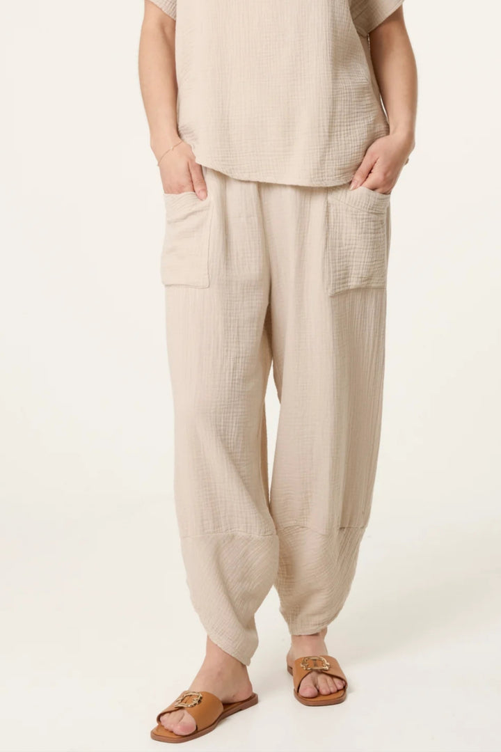 Latte Cotton Lightweight Barrel Trousers