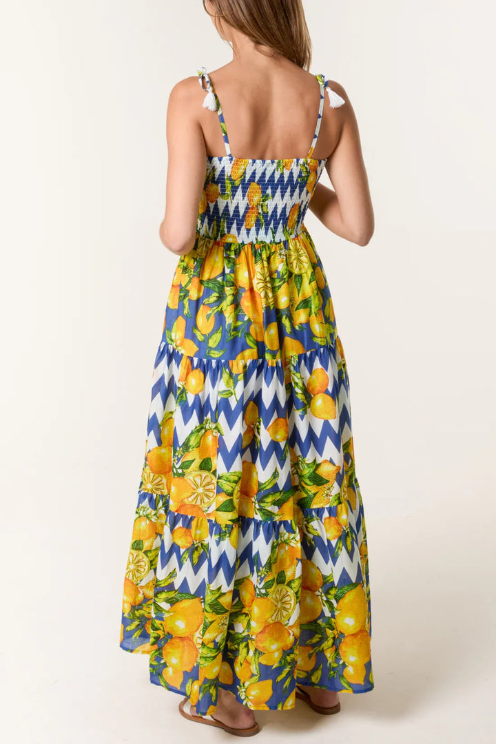 Lemon Print Shirred Maxi Dress