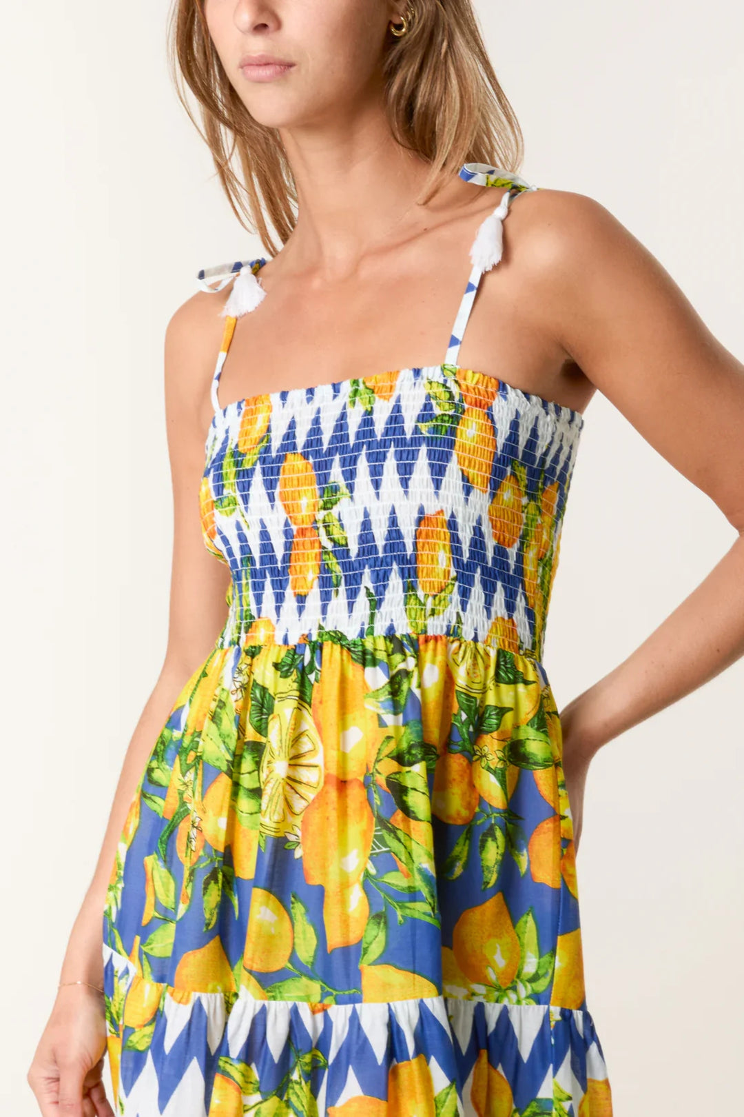 Lemon Print Shirred Maxi Dress